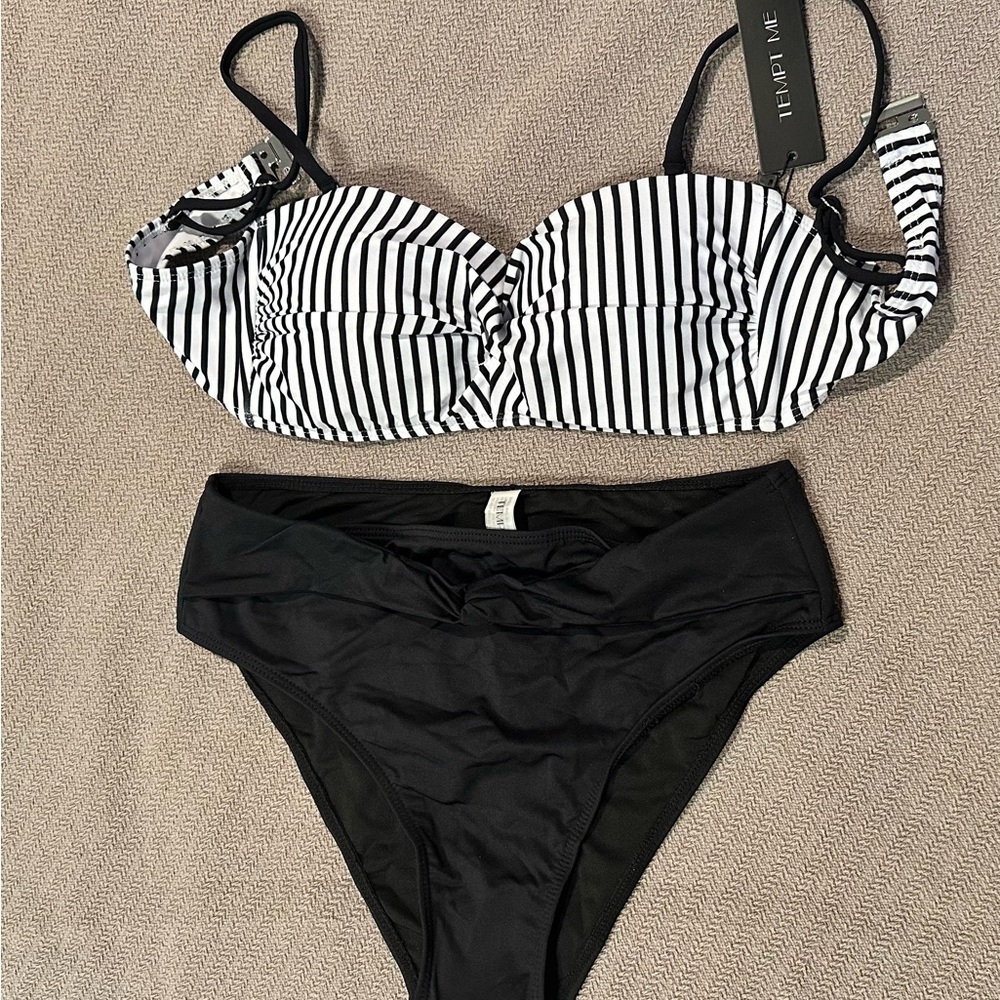 Tempt Me Striped Black and White Bikini Set, size Small. NWT
